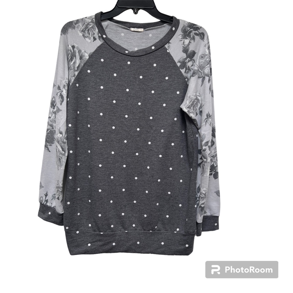Gray Polka Dot Top with Long Floral Sleeves